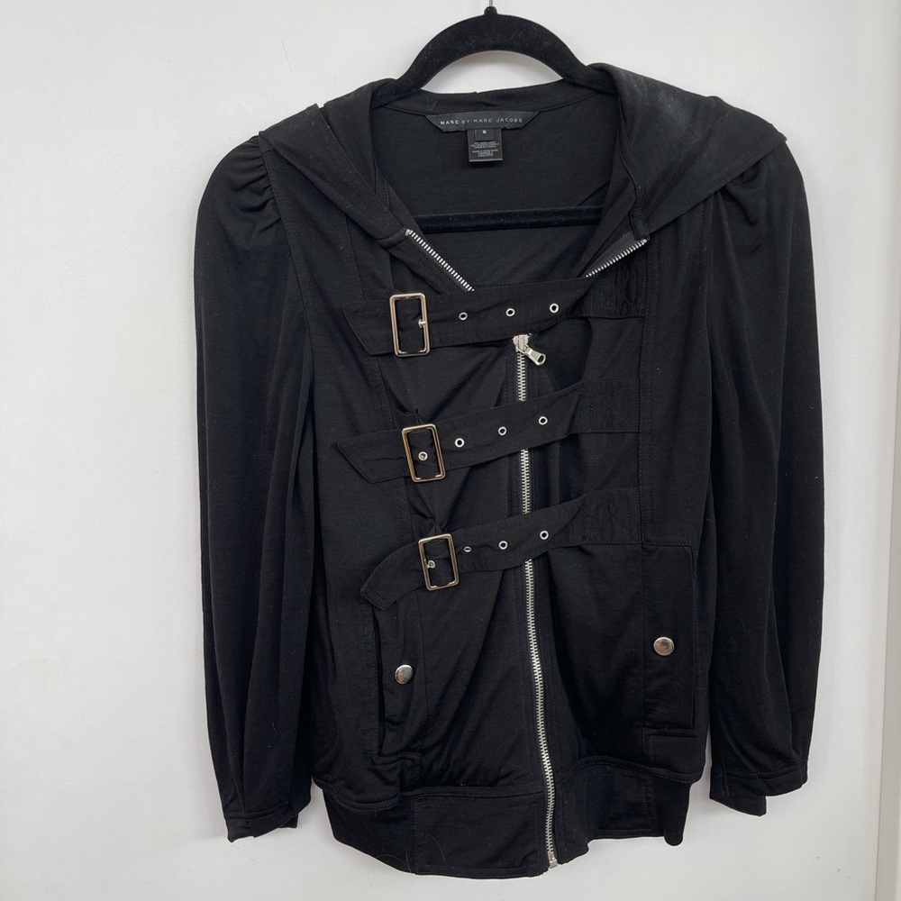 Marc by Marc Jacobs black cotton zip up hoodie with buckles